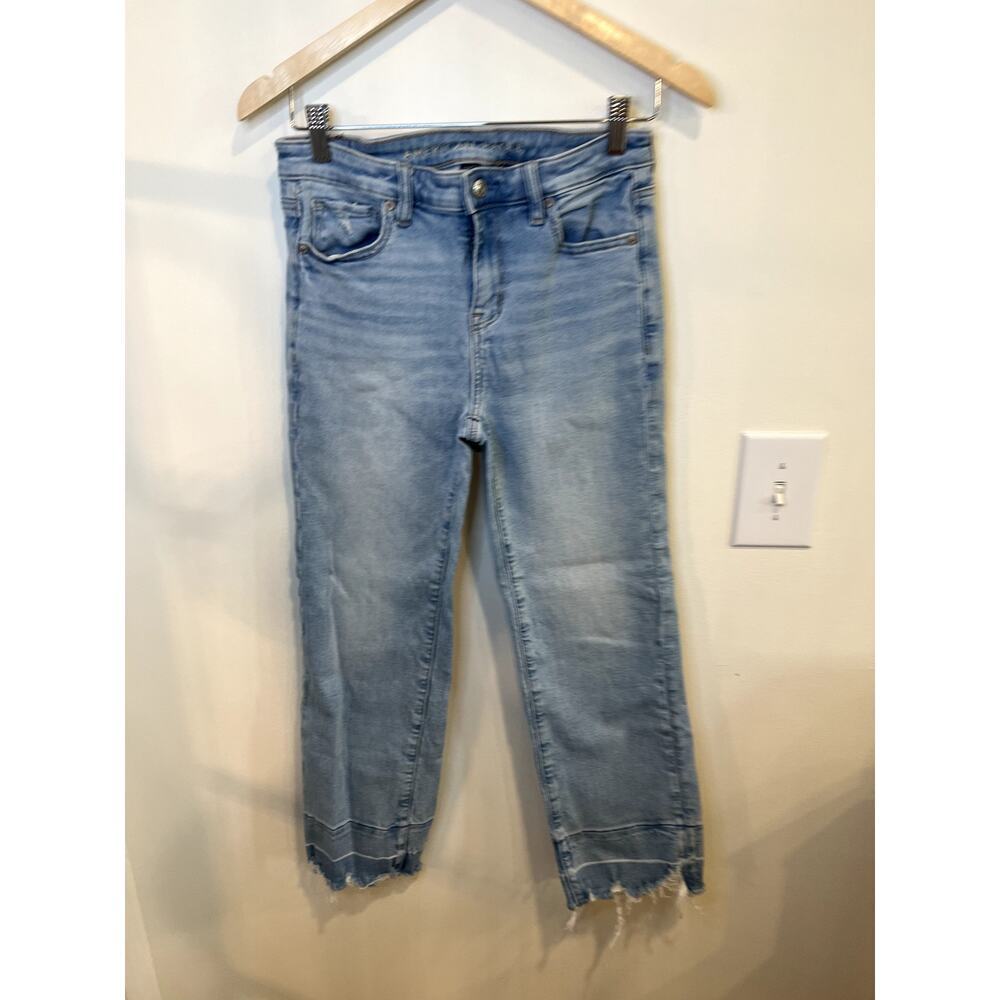 American Eagle Kick Boot Crop Jeans Size 4 Light Wash Raw Hem Stretch Denim